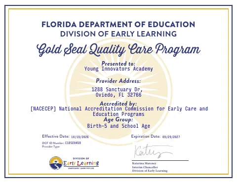 Florida Department of Education Gold Seal Quality Care Program certificate for Young Innovators Academy